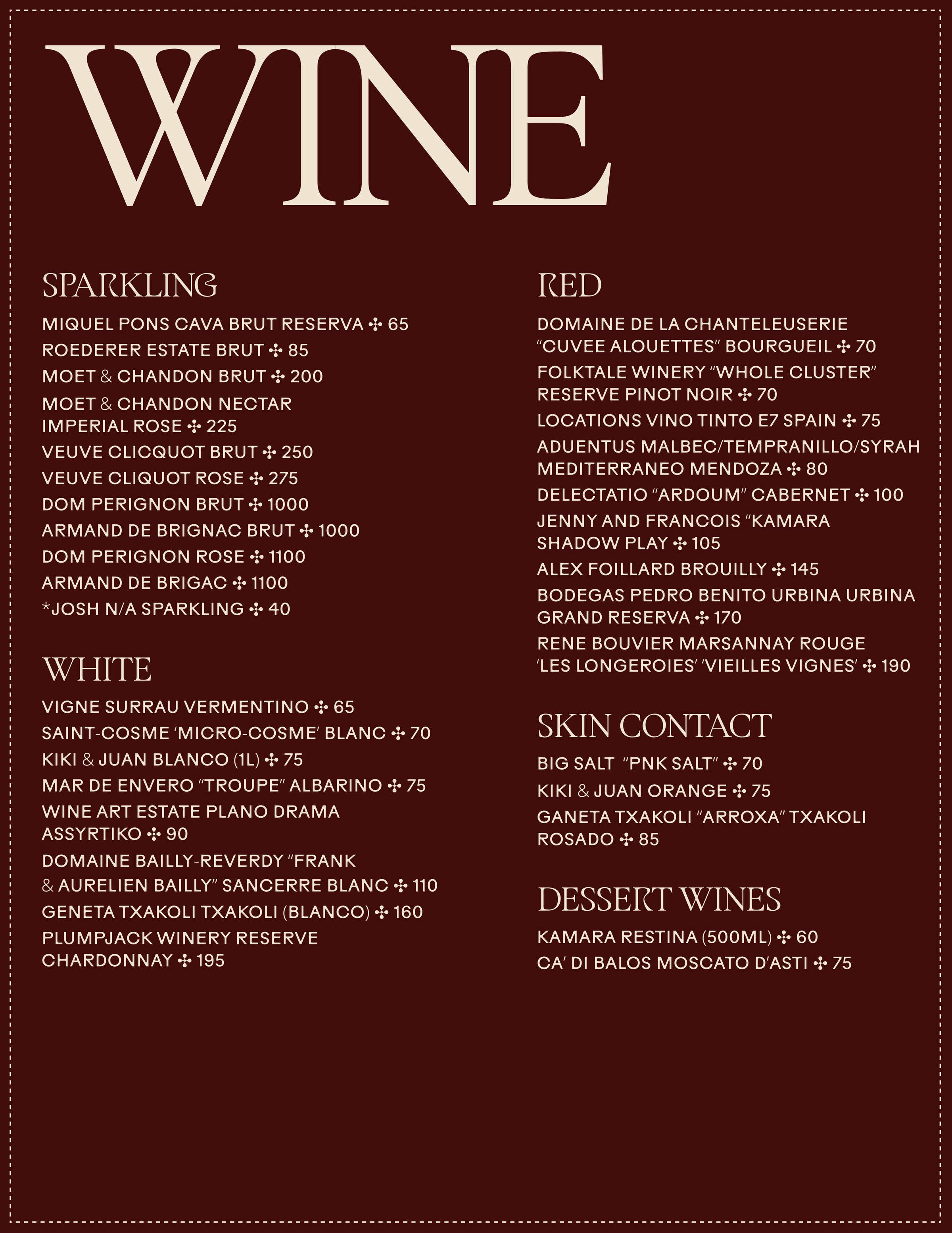 KIRA wine list: sparkling, white, red, skin contact and dessert wines