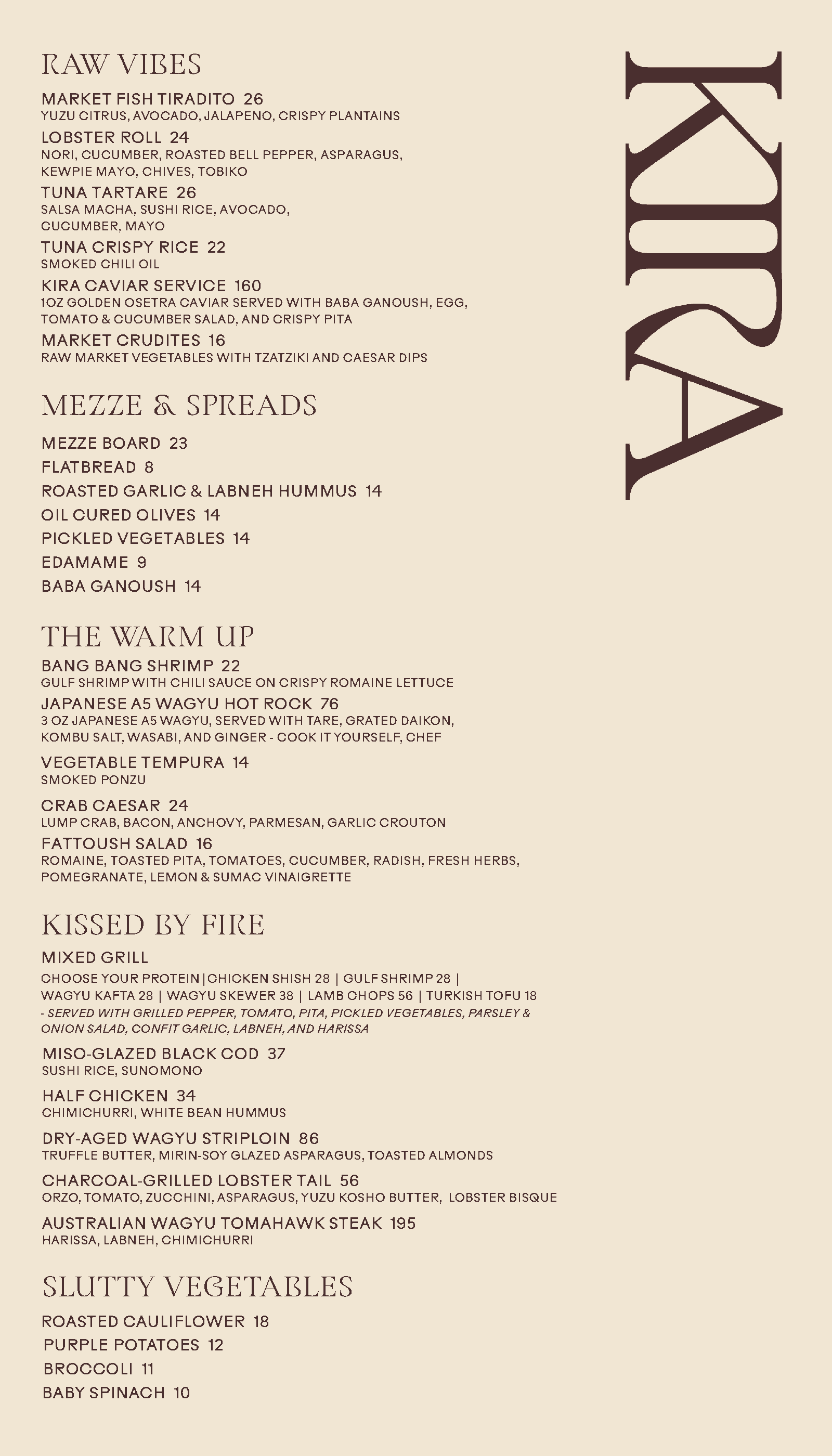 KIRA dining menu, front